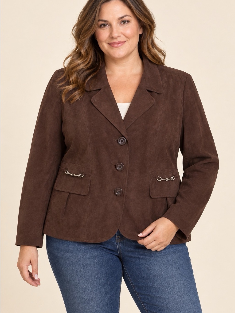 Studio Works Brown Suede Button-Front Blazer